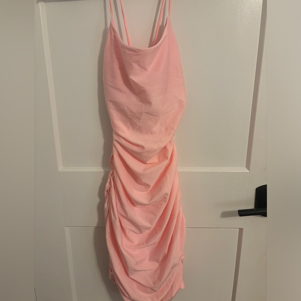 Confident Allure Light Pink Ruched Lace-Up Bodycon Mini Dress